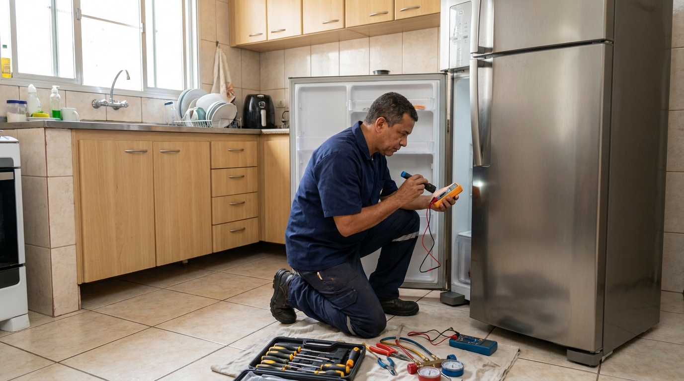 Recarga de gás refrigerante de geladeira em atendimento no Horizontal Park, Cotia‑SP