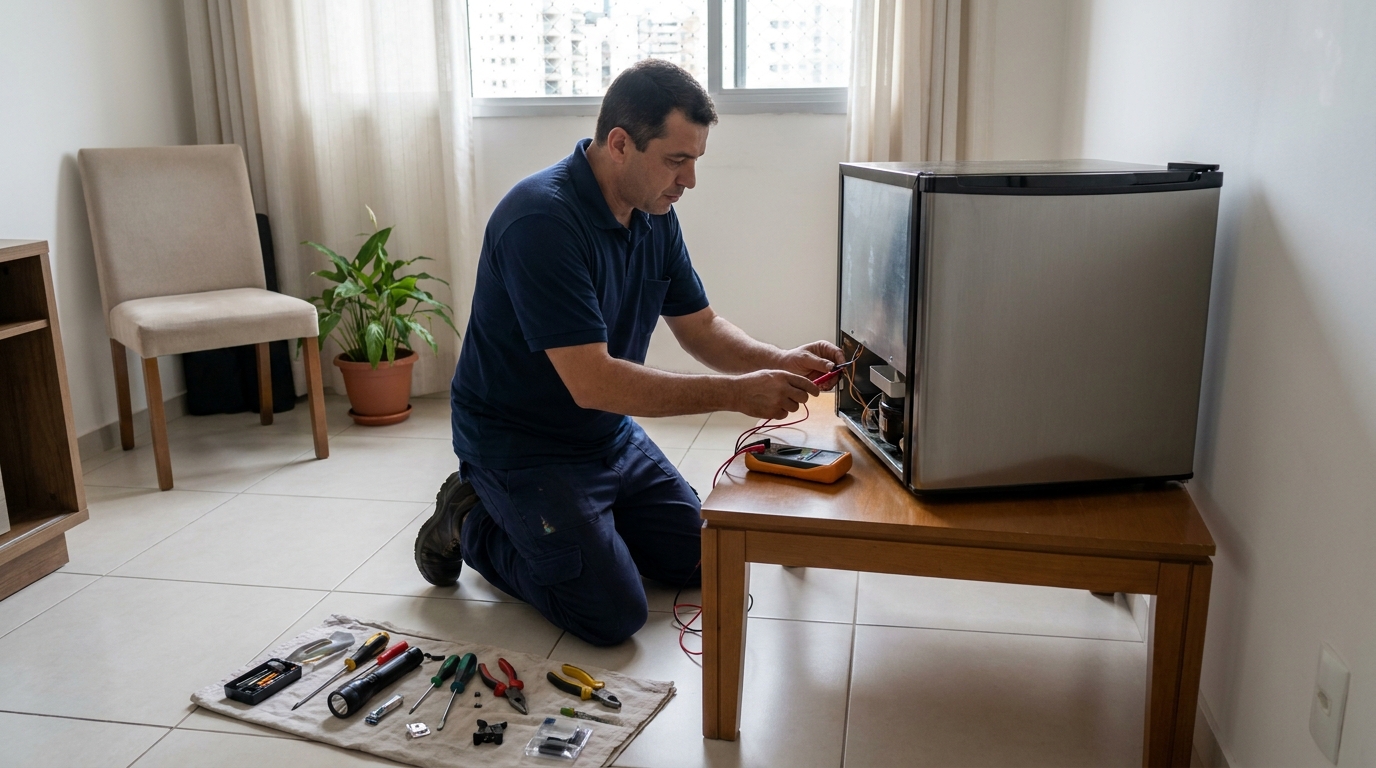 Técnico de conserto de frigobar em residência na Graça, Cotia‑SP