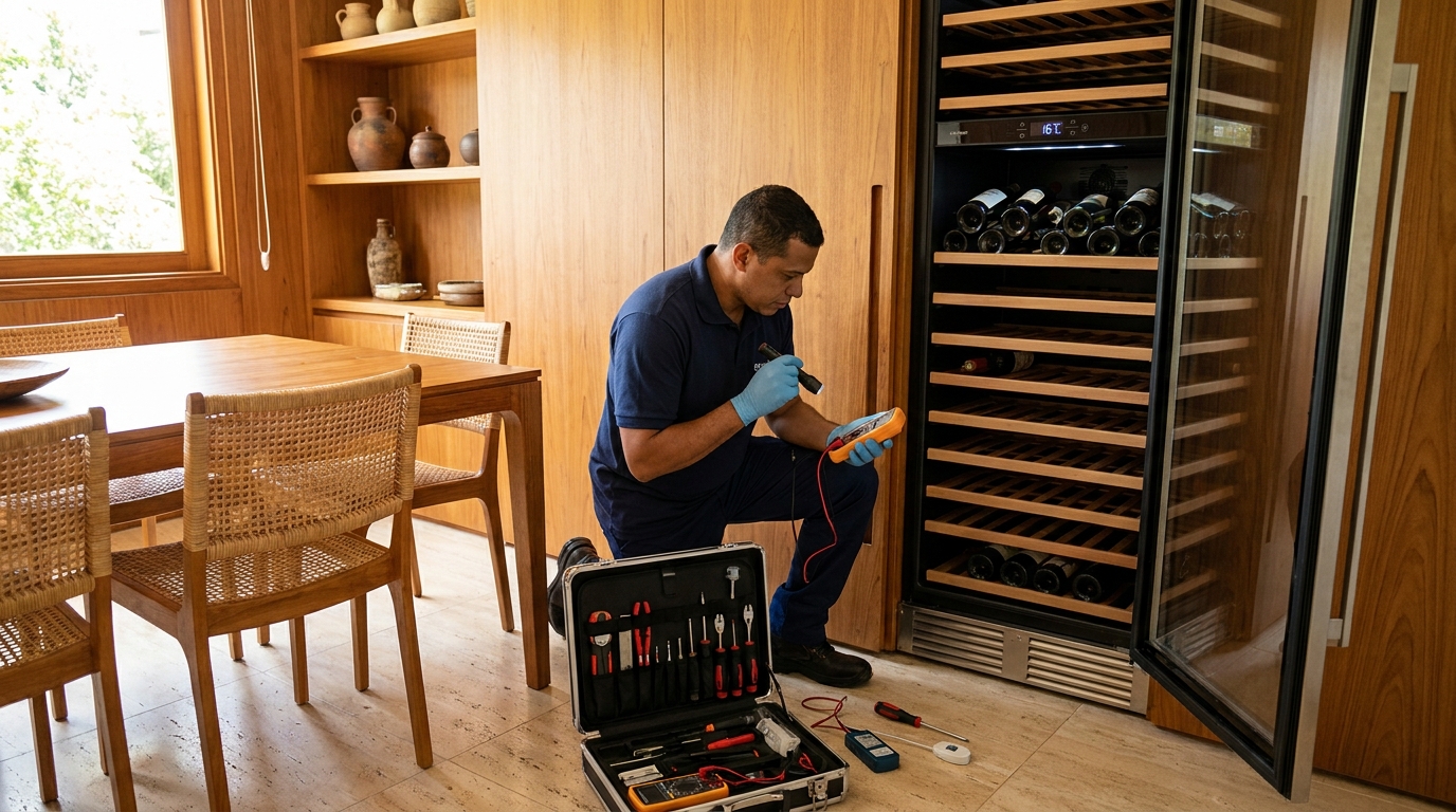 Troca de termostato de adega climatizada em atendimento técnico na Caputera, Cotia‑SP