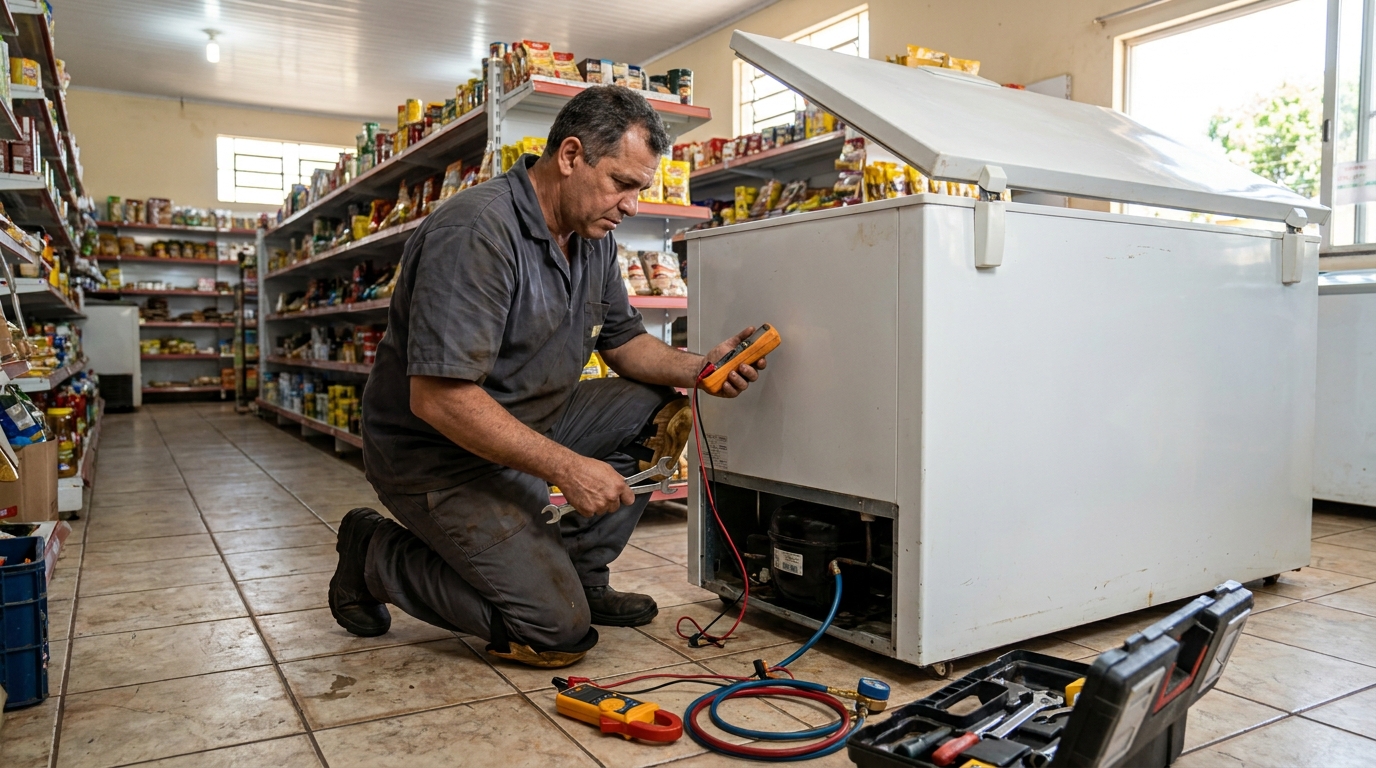 Troca de termostato de freezer em atendimento técnico no Jd Sandra, Cotia‑SP